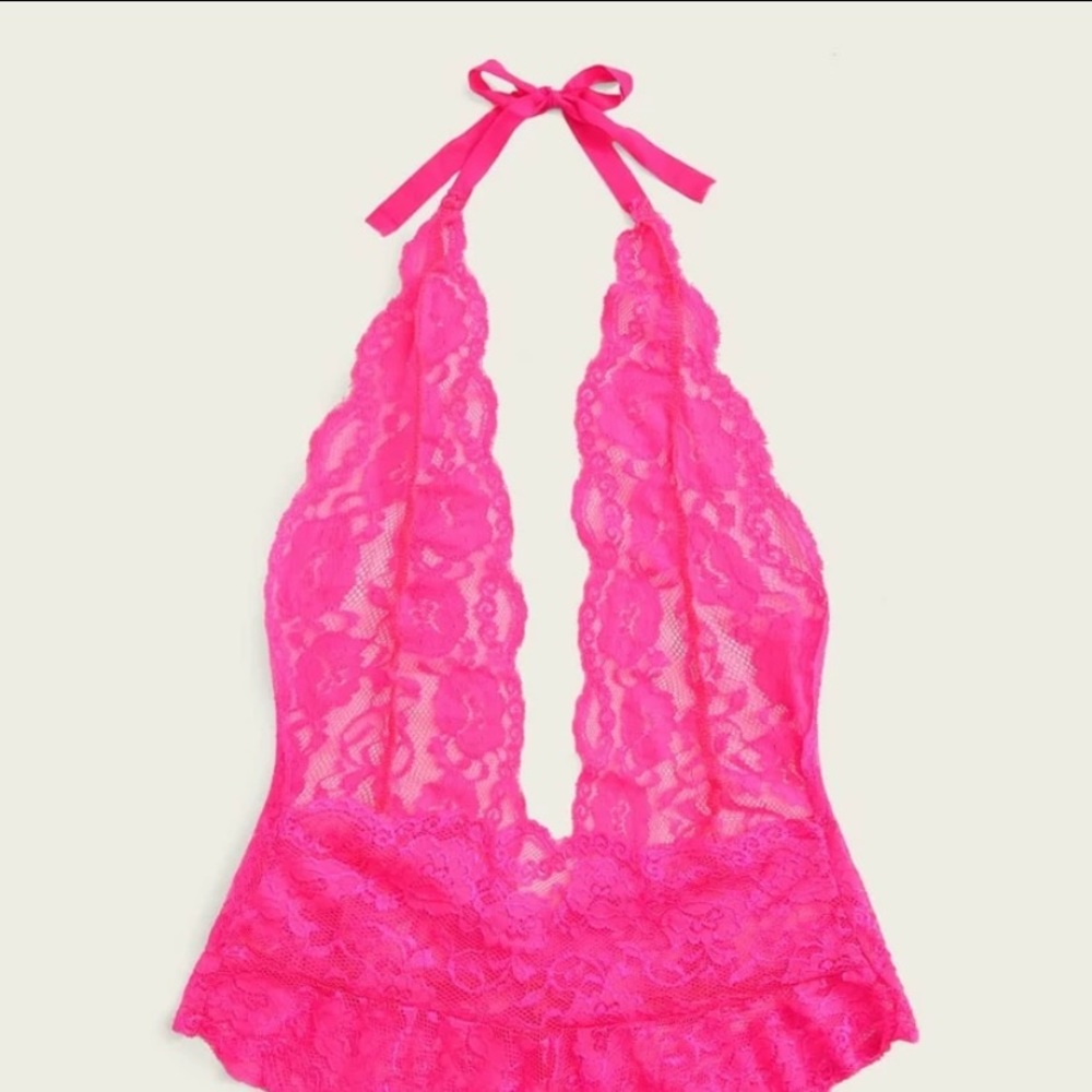 Neon Pink Floral lace sheer teddy bodysuit